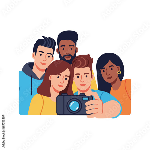 Friends selfie with diverse group of young adults taking a picture with digital camera. A happy friends selfie showcasing joyful expressions and casual clothing, perfect for social media content.