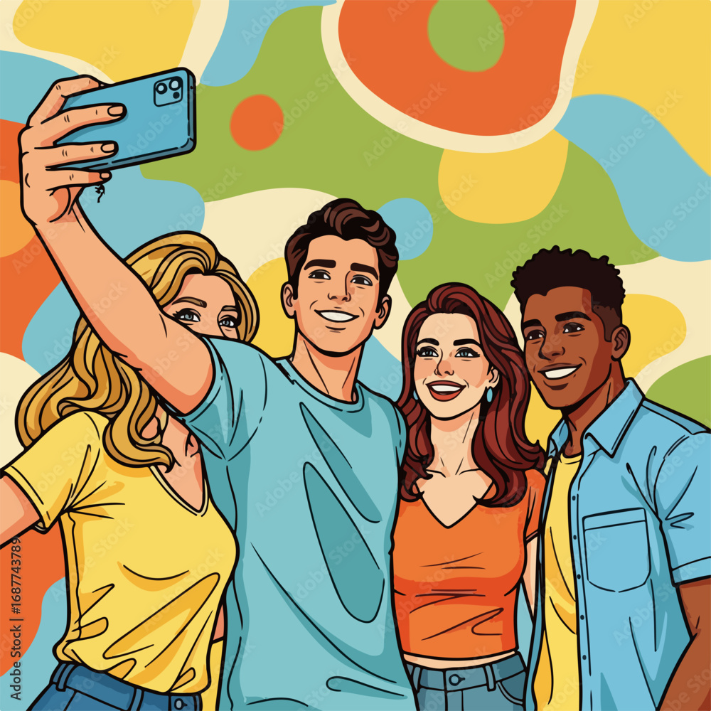 Obraz premium Friends selfie with smiling group of diverse young adults taking a photo with smartphone. Happy friends selfie showcases joyful expression and togetherness.