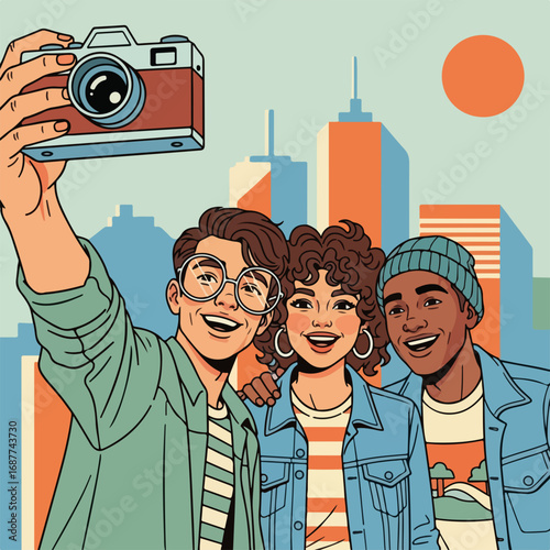 Friends selfie in city. Happy friends taking selfie photo with vintage camera. Smiling friends capturing urban adventures. This friends selfie is perfect for travel blogs and social media posts.