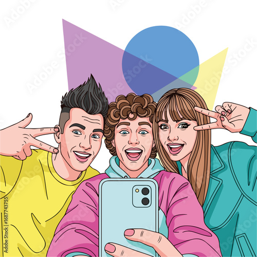 Friends selfie with smartphone. Happy friends taking selfie photo with mobile phone. Smiling friends using smartphone for social media post.