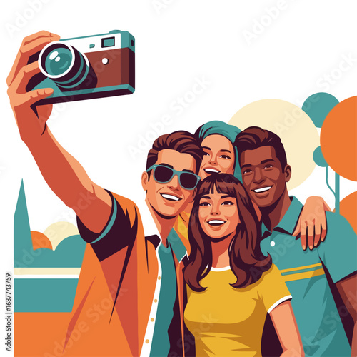 Friends selfie with vintage camera in park. Happy friends group taking funny selfie photo with retro camera.  Friends selfie concept for travel blogs and social media posts.