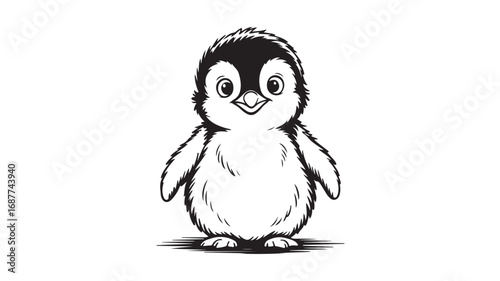 Adorable baby penguin chick illustration black and white