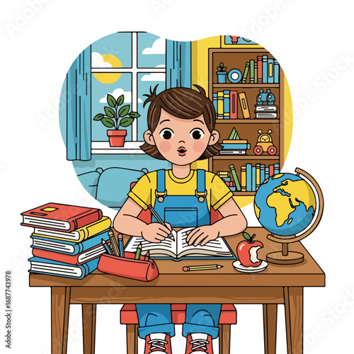 Homeschooling kid diligently studies at home desk. Homeschooling child surrounded by books, pencils, and globe.  Homeschooling concept image perfect for educational websites and blogs.