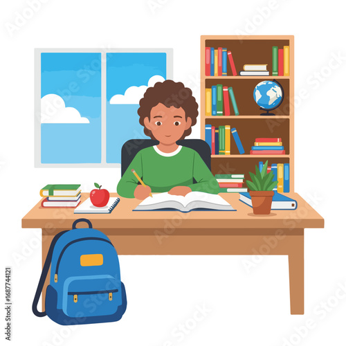 Homeschooling kid learns at desk with books, homeschooling kid studies in room near window. Homeschooling kid enjoys studying with open textbook, pen, apple, and plant, he is happy to have knowledge.