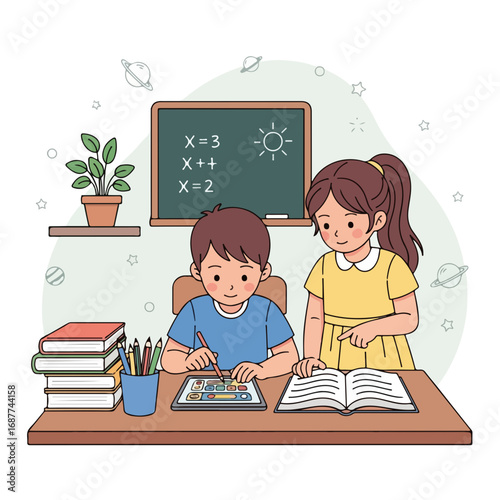 Homeschooling kid engaged in study at wooden desk with books and digital tablet, while tutor helps. Homeschooling kid practices drawing using interactive screen, in learning environment.