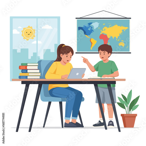 Homeschooling kid studies with tutor at home. Homeschooling kid and tutor participate in remote learning using a tablet on desk. Concept homeschooling kid learning, building confidence,