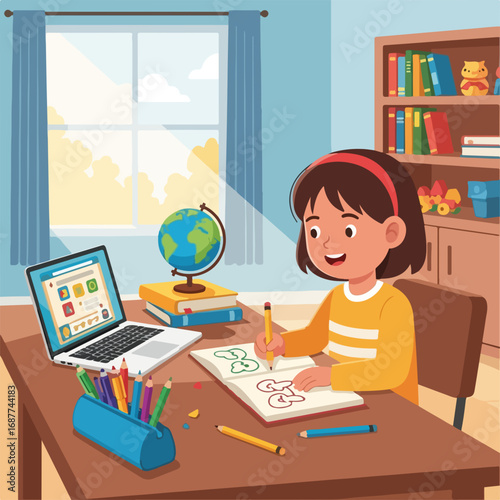 Homeschooling kid drawing in sketchbook at desk with laptop for online learning. Homeschooling kid enjoys drawing with crayons and learning at same time.