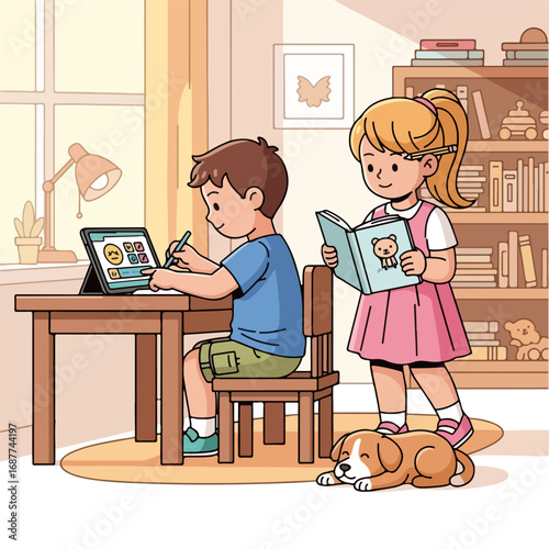 Homeschooling kid participates in online class using tablet at desk, sister reads book. Homeschooling kid draws with digital pen, while little sister studies. Promoting learning,