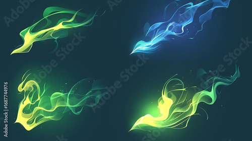 Game effect of green fire, flame animation on black background
