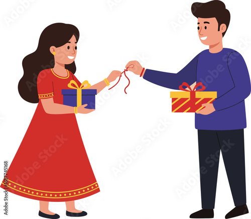 Celebrating sibling love, a festive illustration of a brother and sister exchanging gifts during a joyful holiday ceremony of togetherness and familial bonds.