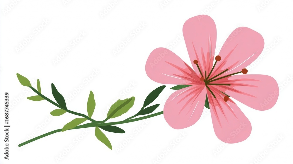 Fototapeta premium A beautiful pink lily flower illustration featuring a blooming spring bud and green leaf on a white background, perfect for a floral nature card design or summer bouquet decoration