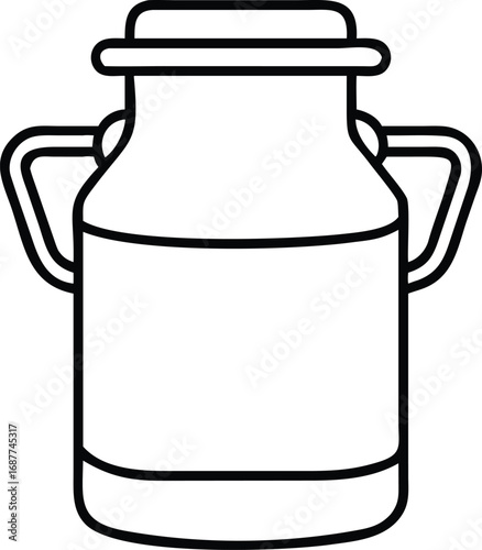 Vintage vector illustration of an old metal milk churn on a farm, with a retro dairy bottle and traditional aluminum canister