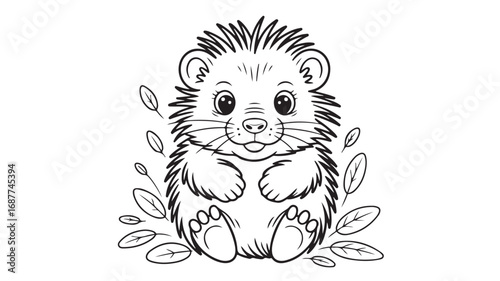 Adorable cartoon hedgehog sitting amidst leaves perfect for coloring pages and childrens illustrations