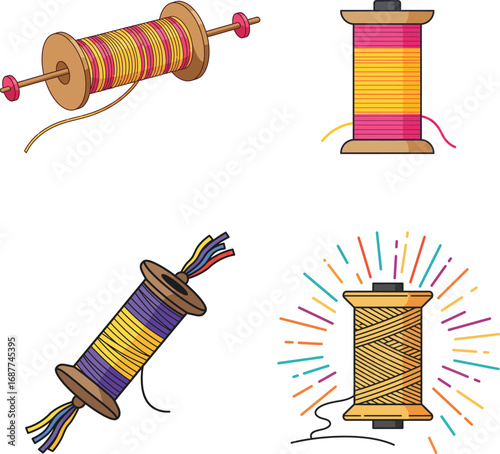 Colorful illustrated set of traditional kite flying spools, known as firki or manjha, symbolizing the joyful and festive spirit of Indian festivals.