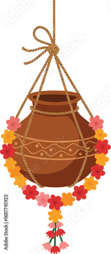 Traditional Dahi Handi pot, decorated with flowers and a rope, symbolizing the joyful festival of Janmashtami and a spirited community event.