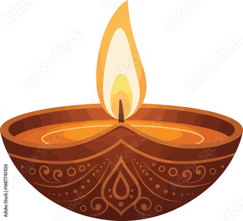 Traditional Indian oil lamp with beautiful ornate floral pattern, symbolizing Diwali festival of lights, spirituality, and celebration.