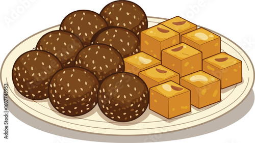 A delicious assortment of traditional Indian sweets (mithai), including Ladoo and Barfi, symbolizing prosperity and festive celebration.