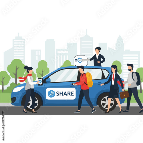 Car sharing concept: blue sedan with passengers and pedestrians on street. Car sharing service provides eco-friendly commuting, with urban backdrop and modern design.
