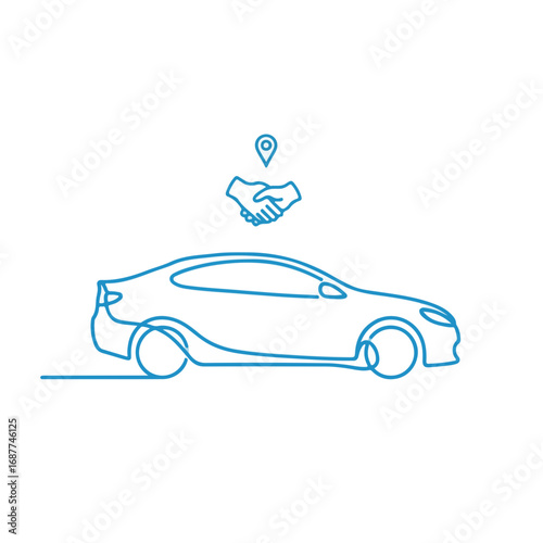 Car sharing concept in simple blue line style, showing car with handshake and location point. Depicting car sharing arrangement for eco-friendly transport and urban commuting, car sharing made easy.
