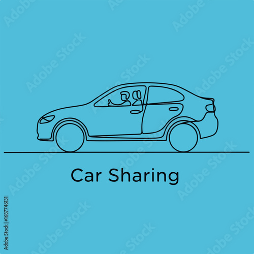 Line drawing shows a car sharing service on cyan background. Line art depicts car sharing , highlighting modern mobility and ride sharing.