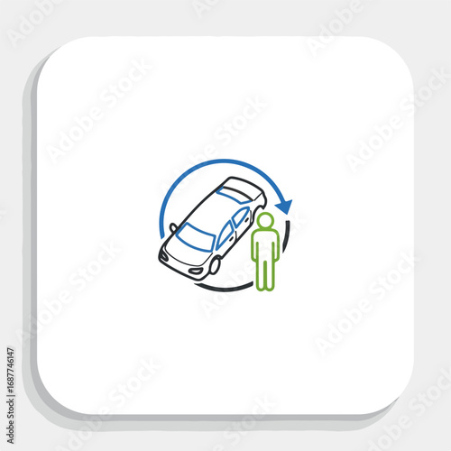 Car sharing icon features vehicle and person within circular arrows, representing shared mobility. Car sharing arrangement facilitates accessible transportation.
