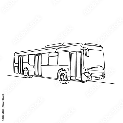Urban bus in simple black line drawing, showcasing its design and functionality. Detailed outline of an urban bus for presentations or educational purposes. Representing public transportation,