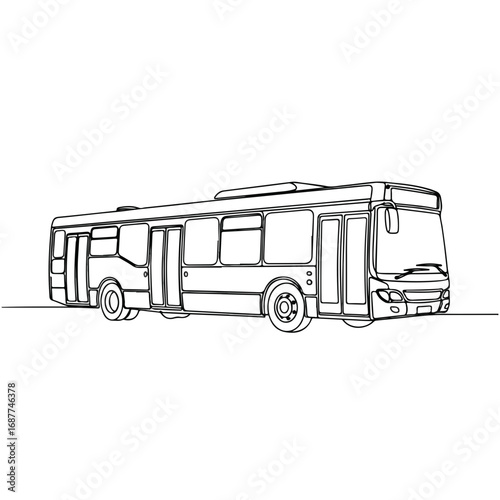 Outlined urban bus illustration depicting public transport vehicle with multiple doors and passenger windows. Showing urban bus as an example of city transportation.