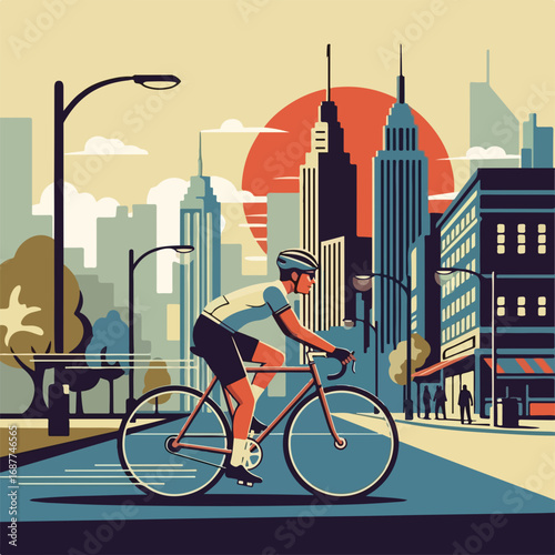 Urban cycling athlete rides bike down city street, wearing helmet and sportswear. Enjoy urban cycling through cityscape with modern architecture and vibrant sun.