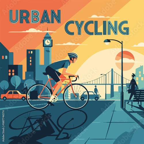 Illustration of urban cycling with road bike and city buildings at sunset or sunrise. Urban cycling concept shows cyclist in helmet and sportswear riding bicycle, with car and pedestrian.