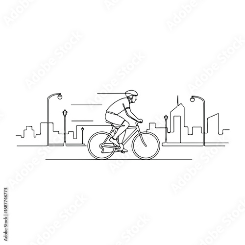 Urban cycling scene with cyclist riding bicycle in city, line art style. Urban cycling is perfect for active lifestyle, sport and exercise, urban cycling as healthy choice.