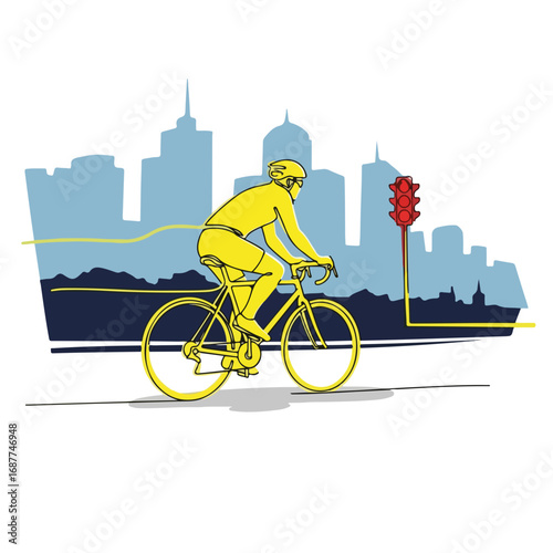 Cyclist in urban scene rides toward red light, engaging in urban cycling, an enjoyable activity. Cyclist is wearing helmet in detailed illustration of urban cycling in city environment.