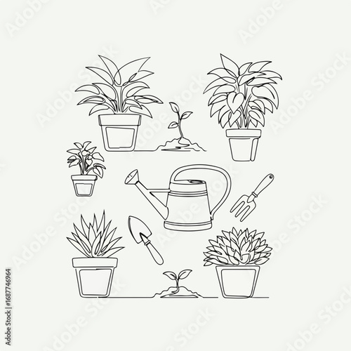 Home gardening plants in minimalist line art style, depicting watering can, garden tools, and seedlings. Home gardening plants outline shows healthy plants in pots with soil for indoor or outdoor use.