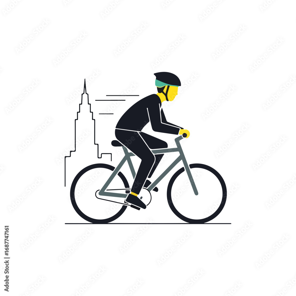 Naklejka premium Urban cycling, person wearing helmet rides bicycle in city, motion blur behind. Active lifestyle of urban cycling shown as person in helmet, riding on bicycle with city buildings.