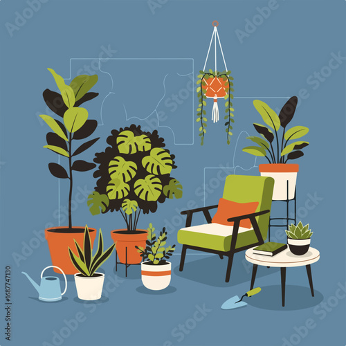 Home gardening plants with assorted houseplants near green chair on blue background. Home gardening plants can bring vibrancy and charm to indoor spaces.