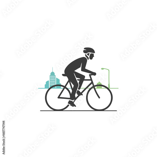Urban cycling shown with cyclist silhouette against cityscape. Urban cycling is depicted by cyclist wearing helmet, showcasing athleticism and speed. Image communicates urban cycling,