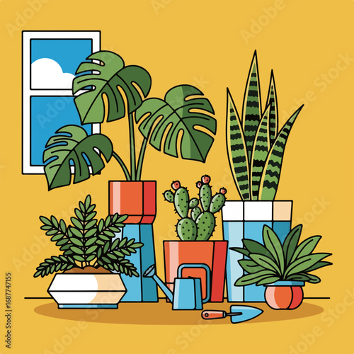 Home gardening plants thrive indoors with window view, depicting potted greenery. Home gardening plants create cozy space, showing diverse indoor flora with garden hand tool.