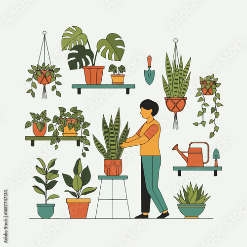 Home gardening plants collection with person tending snake plant in terracotta pot. Home gardening includes various potted plants displayed on shelves and hanging planters.