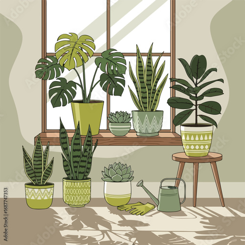 Home gardening plants collection in stylish pots on windowsill. Home gardening includes monstera deliciosa, snake plant, and succulents.  Stylish home gardening concept for interior design projects.