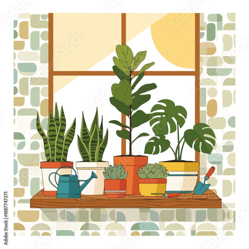Home gardening plants on windowsill in terracotta pots. Home gardening includes snake plant, fiddle leaf fig, and monstera deliciosa. Stylish home gardening concept for interior design projects.
