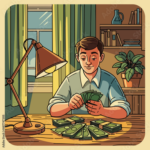 Man counting cash at home desk in evening light.  He is carefully counting stacks of dollar bills under warm lamplight.