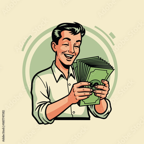 Man counting cash holding bunch of money with cheerful expression, symbolizing financial success. Counting cash provides sense of accomplishment and wealth.