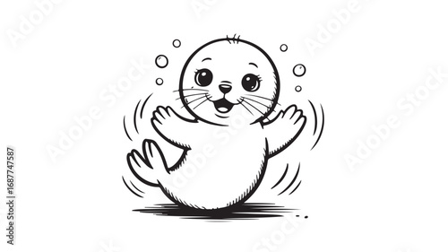 Adorable cartoon baby seal pup playing in the water perfect for childrens book illustrations