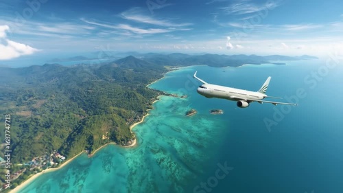 Wallpaper Mural A high-angle view of a jetliner soaring over a turquoise sea, lush tropical islands, and coastal mountains. Torontodigital.ca