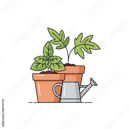 Home gardening plants arranged in terracotta pots with watering can is perfect for any gardening enthusiast. Home gardening is symbol of tranquility and sustainable living.