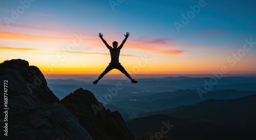 Wallpaper Mural Silhouette of a person jumping with arms raised against a vibrant sunset over a mountainous landscape. Torontodigital.ca