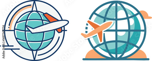 Global Travel Icons Airplane Circling the World