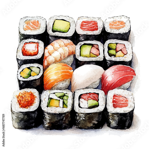 watercolor of Sushi, vector, isolated on a white background.