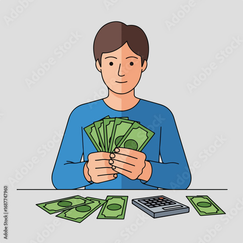 Counting cash with man holding money and calculator on table, preparing financial report. Counting cash to manage accounting, paying bills or calculating financial success.
