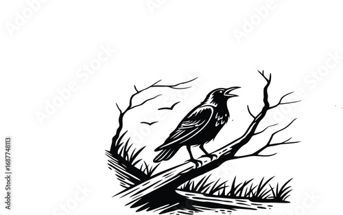 Raven Illustration Perched on Branch with Birds Flying in Background