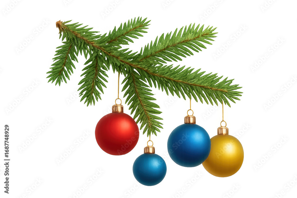 Fototapeta premium Fir branch holding colorful christmas balls on transparent background
